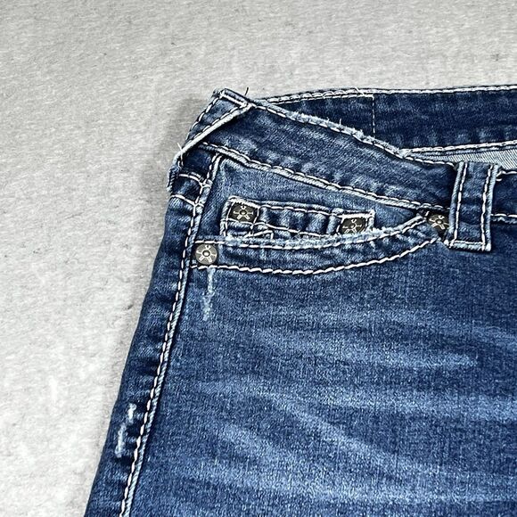 True Religion Rocco Relaxed Skinny Jeans Womens Sz 34 Blue Dark Wash Distressed - Picture 3 of 16